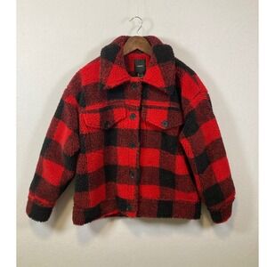 Forever 21 Men Red Black Buffalo Plaid Sherpa Lined Shacket Jacket Size S